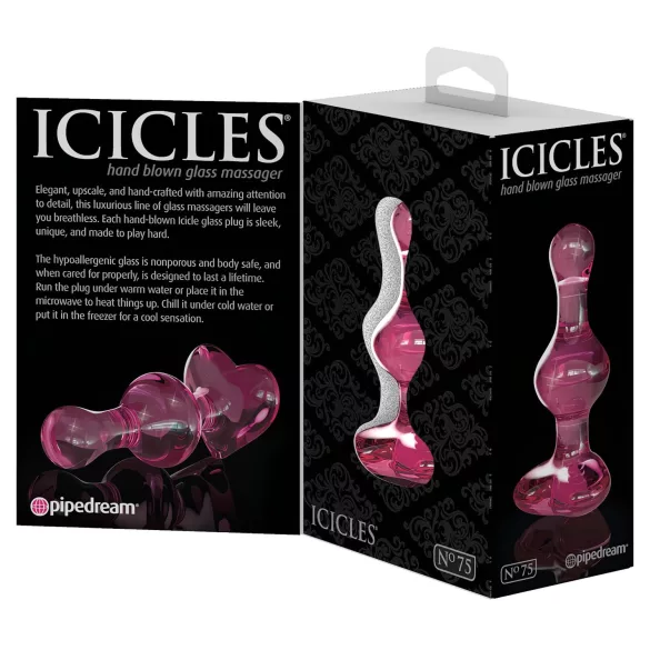 Icicles No. 75 - stikla anālais plugs sirds formas rozā