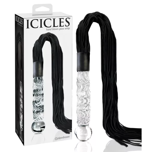 Icicles No. 38 - stikla dildo un ādas pātaga caurspīdīgs melns