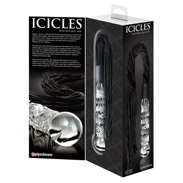 Icicles No. 38 - stikla dildo un ādas pātaga caurspīdīgs melns