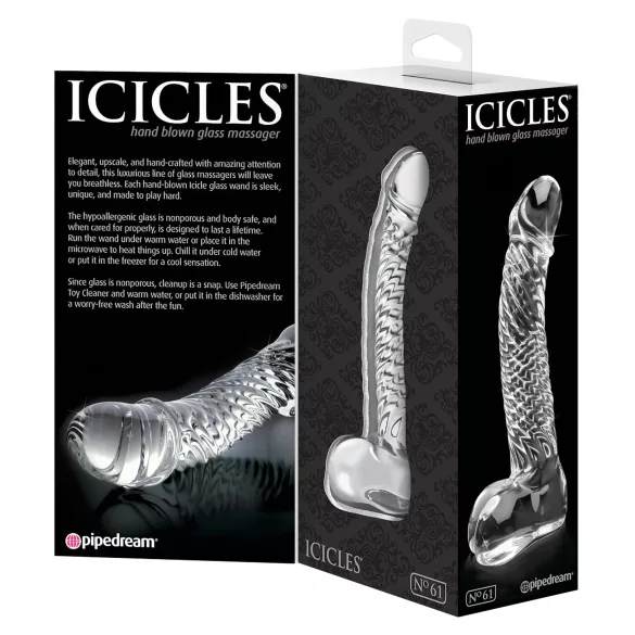 Icicles No. 61 - stikla dildo ar sēkliniekiem un dzimumlocekli caurspīdīgs