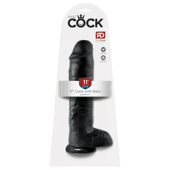 King Cock 11 - liels piesūceknis, sēklinieku dildo (28cm) - melns