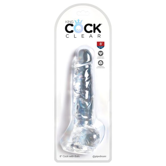 King Cock Clear 8 - piesūceknis, sēklinieku dildo (20cm)