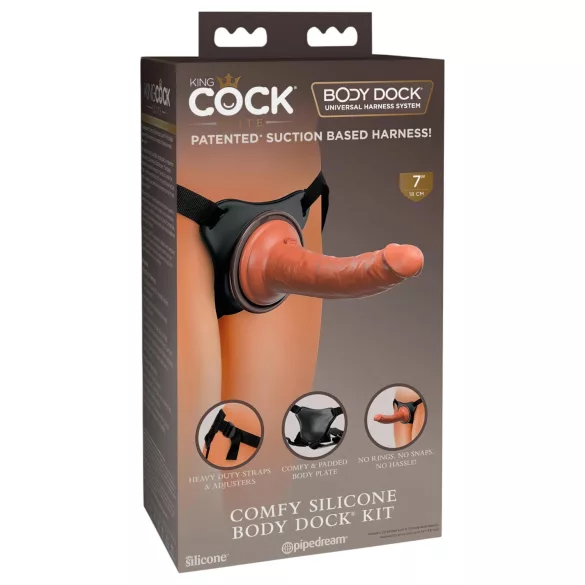 King Cock Elite Comfy - strap-on dildo ar jostu tumši miesas krāsā