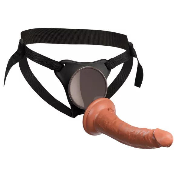 King Cock Elite Comfy - strap-on dildo ar jostu tumši miesas krāsā