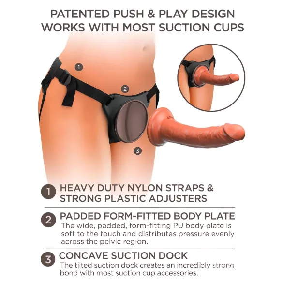 King Cock Elite Comfy - strap-on dildo ar jostu tumši miesas krāsā