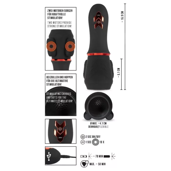 Rebel - akumulatora galviņas vibrators ar 2 motoriem melns