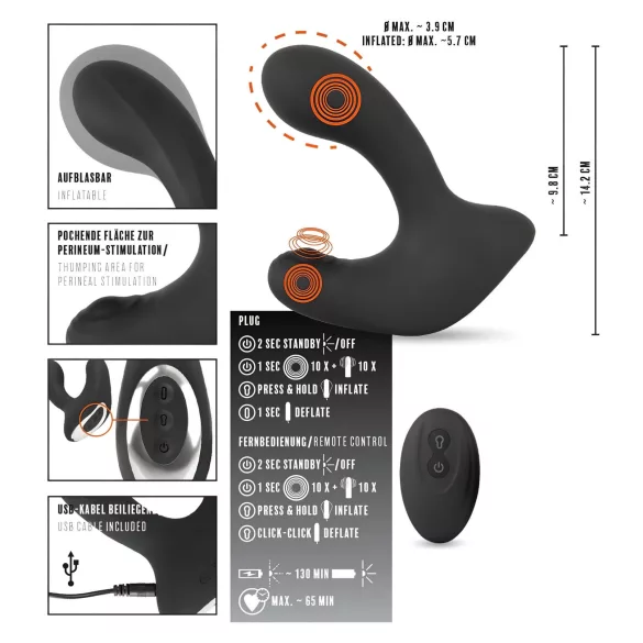Rebel RC - uzlādējams tālvadības anālais vibrators pumpējams melns