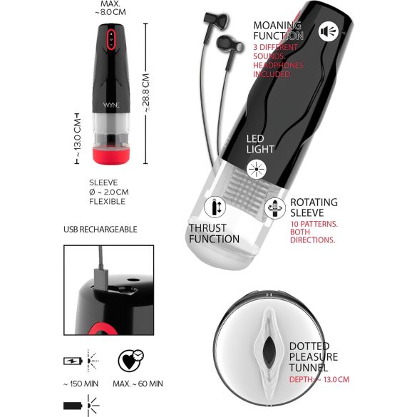 WYNE 05 - vīriešu masturbators ar rotācijas funkciju, uzlādējams, melns/balts