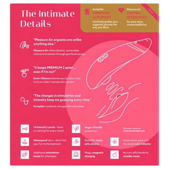 Womanizer Premium 2 - gaisa viļņi klitora stimulators (rozā)