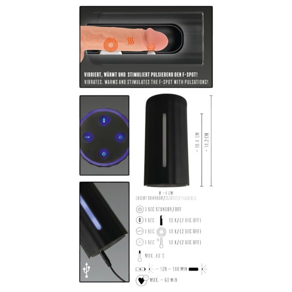 Rebel vīriešu masturbators ar 3 funkcijām, uzlādējams, melns