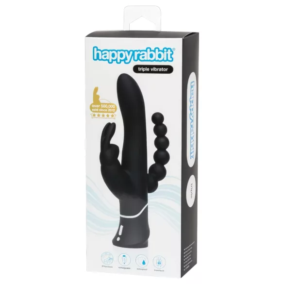 Happyrabbit vibrators klitoram un anālam ar trim zariem uzlādējams melns