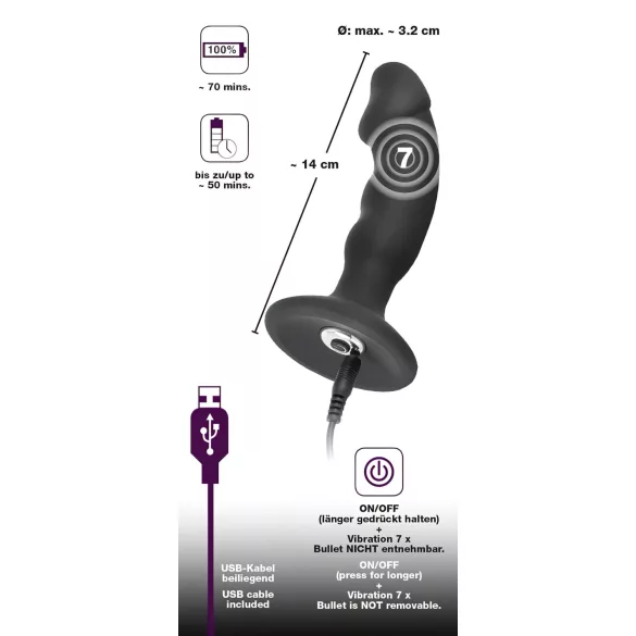Black Velvets - anālais vibrators ar dildo, uzlādējams, melns