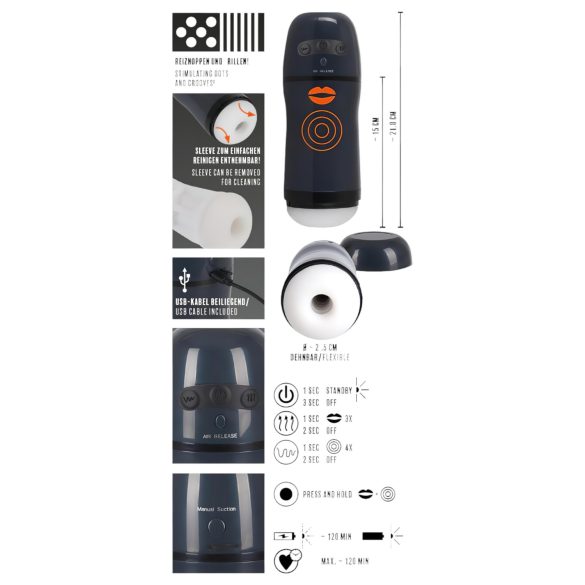 Rebel - 2in1 vīriešu masturbators ar sūkšanas un vibrācijas funkciju melns