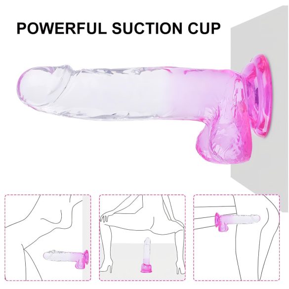 Sunfo - piesūceknis, sēklinieku dildo - 22 cm (caurspīdīgs-violets)