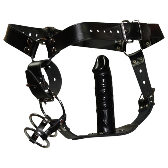 ZADO - ādas stringi ar dildo un 3 erekcijas gredzeniem - L/XL