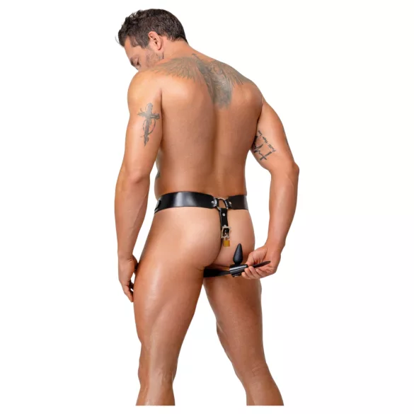 ZADO - ādas šķīstības josta stringi ar 2 atslēgām - melna (S-2XL)