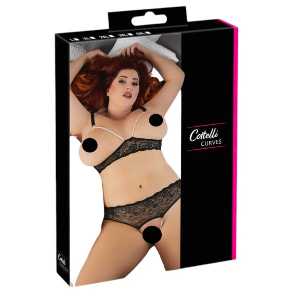 Cottelli Plus Size - melnbaltas pērlēm rotātas krūštura komplekts - 2XL