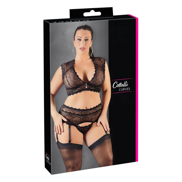 Cottelli Plus Size - ar mirdzumiem rotāts mežģīņu komplekts (melns)