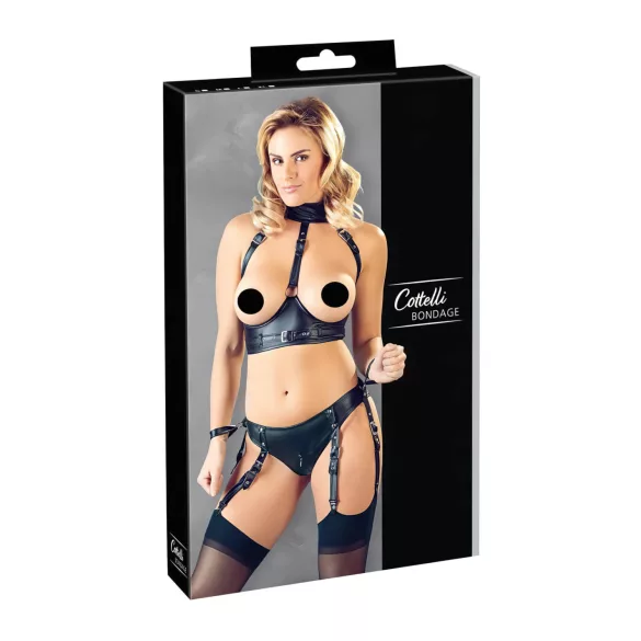 Cottelli Bondage - spīdīgs krūštura komplekts ar aprocēm melns - L