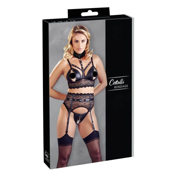Cottelli Bondage - melnais mežģīņu komplekts ar rokudzelžiem - XL