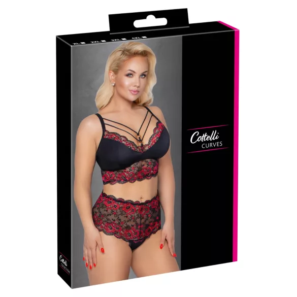 Cottelli Curvies - ziedu mežģīņu apakšveļas komplekts (melns) - 2XL