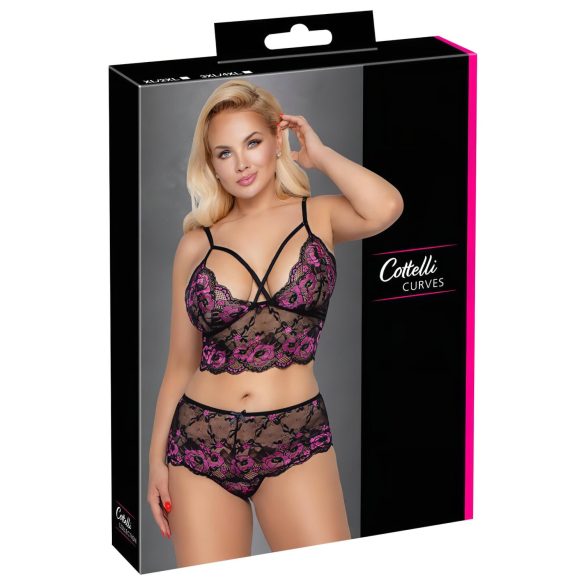 Cottelli Plus Size - ziedu krūštura komplekts (melns-violets)