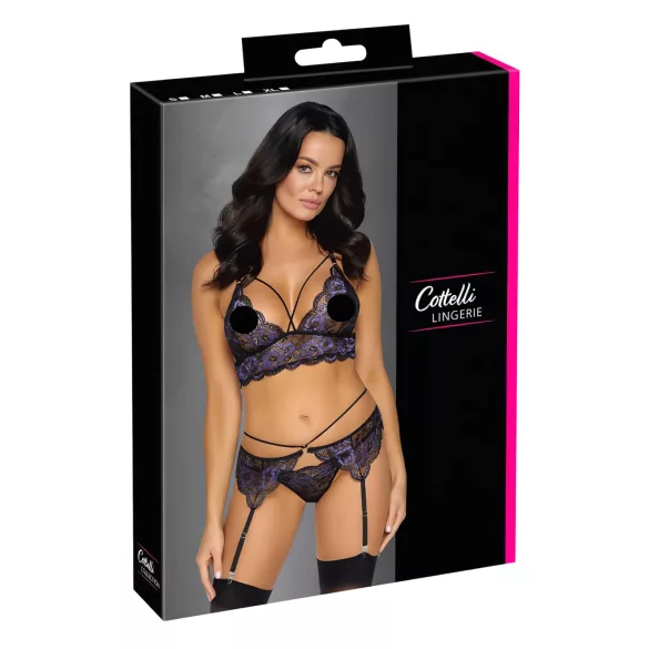 Cottelli - 3-daļīgs mežģīņu veļas komplekts (melni-violets)