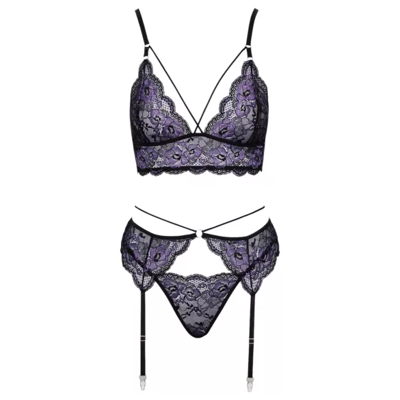 Cottelli - 3-daļīgs mežģīņu veļas komplekts (melni-violets) - L