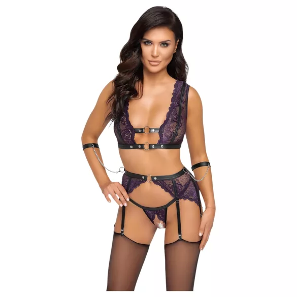 Cottelli Bondage - veļas komplekts un roku dzelži (melni-violeti) - XL