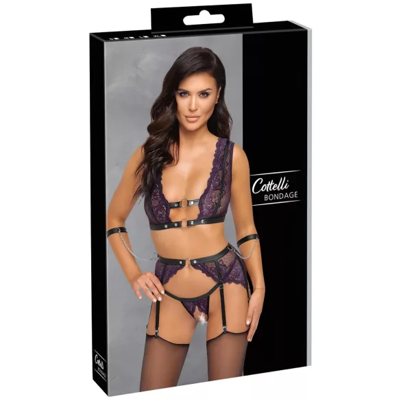 Cottelli Bondage - veļas komplekts un roku dzelži (melni-violeti) - XL