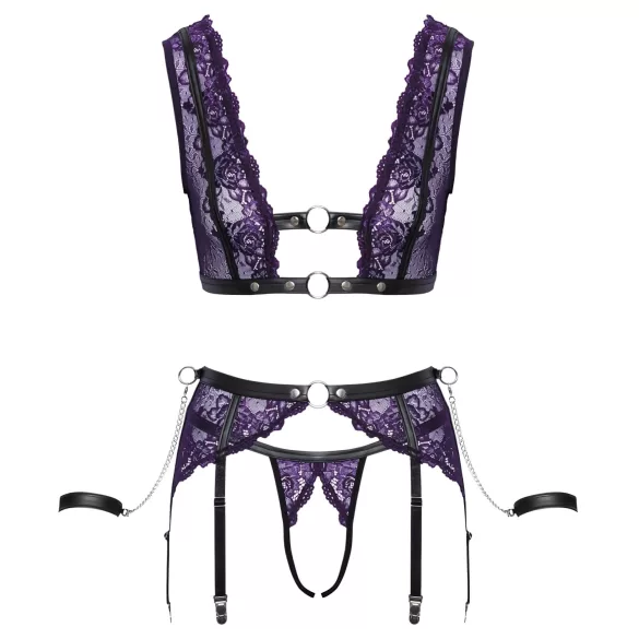 Cottelli Bondage - veļas komplekts un roku dzelži (melni-violeti) - XL