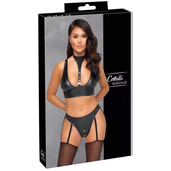 Cottelli Bondage - mirdzošs krūštura komplekts ar aprocēm (melns)