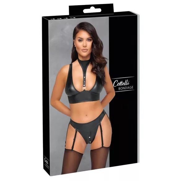 Cottelli Bondage - mirdzošs krūštura komplekts ar aprocēm (melns) - M