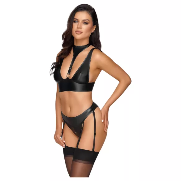 Cottelli Bondage - mirdzošs krūštura komplekts ar aprocēm (melns) - M