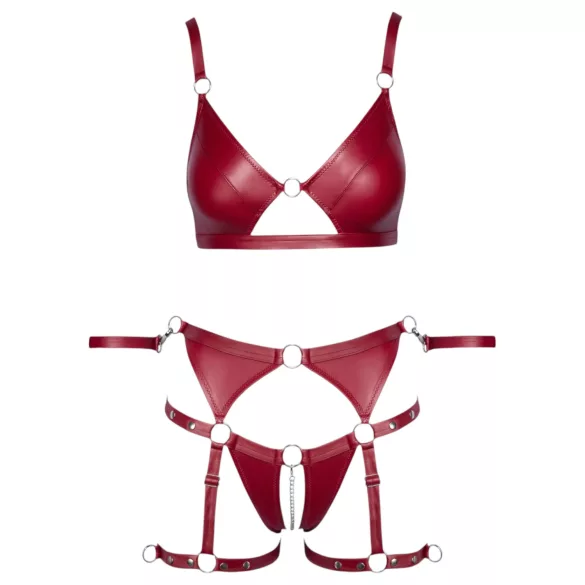 Cottelli Bondage - spīdīgs krūštura komplekts un roku dzelži (sarkans) - L