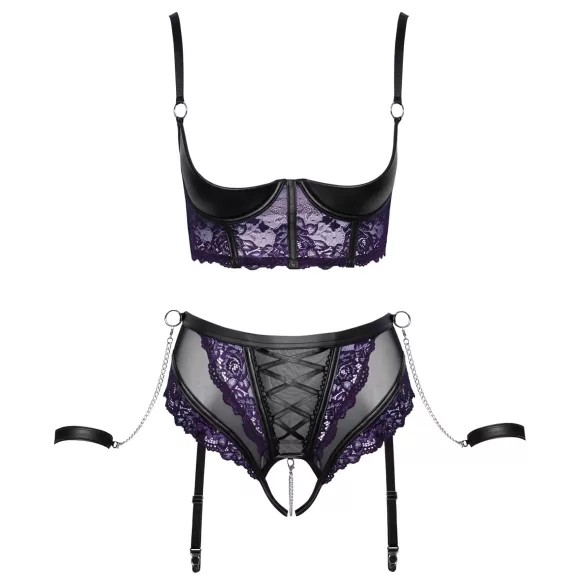 Cottelli Bondage - krūštura komplekts un roku aproces (melni-violets) - XL