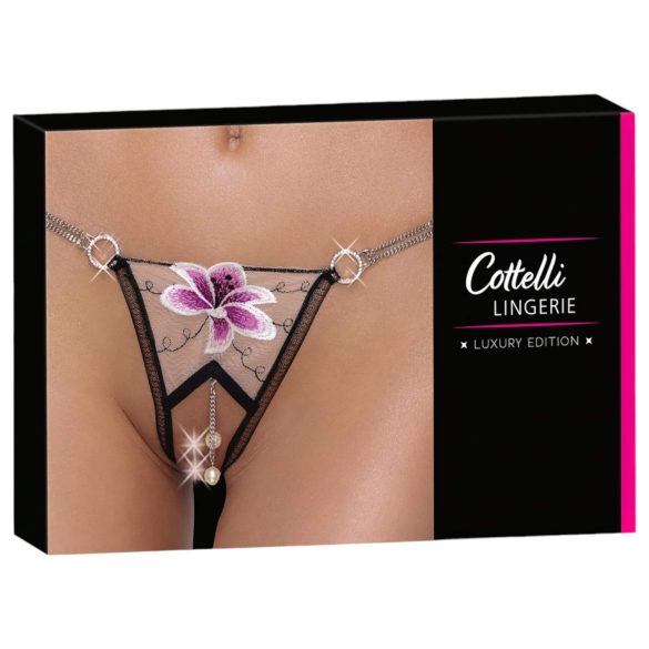 Cottelli - luksus izšūti ziedi stringi (melni-balti) - M/L