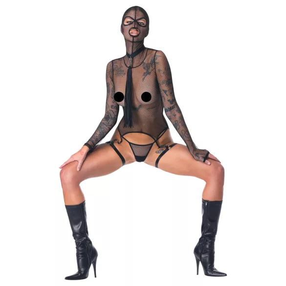 Bad Kitty - caurspīdīgs BDSM tīklveida komplekts ar pletni (melns) - L