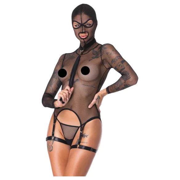 Bad Kitty - caurspīdīgs BDSM tīklveida komplekts ar pletni (melns) - L