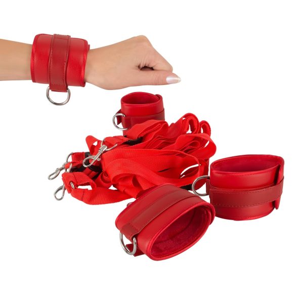 Bad Kitty - gultas piesiešanas komplekts ar lipekļiem mākslīgās ādas, sarkans