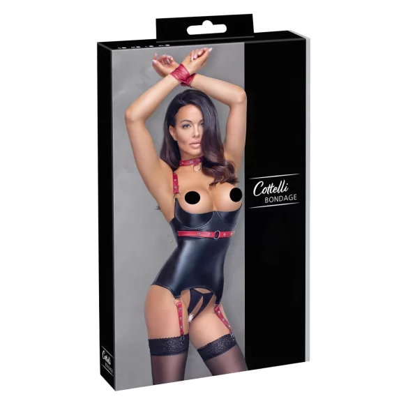 Cottelli Bondage - sieviešu lateksa tops ar krūšu atverēm un apkakli melns - XL