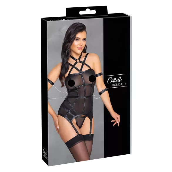 Cottelli Bondage - siksnas tops, roku saites un stringi (melni)