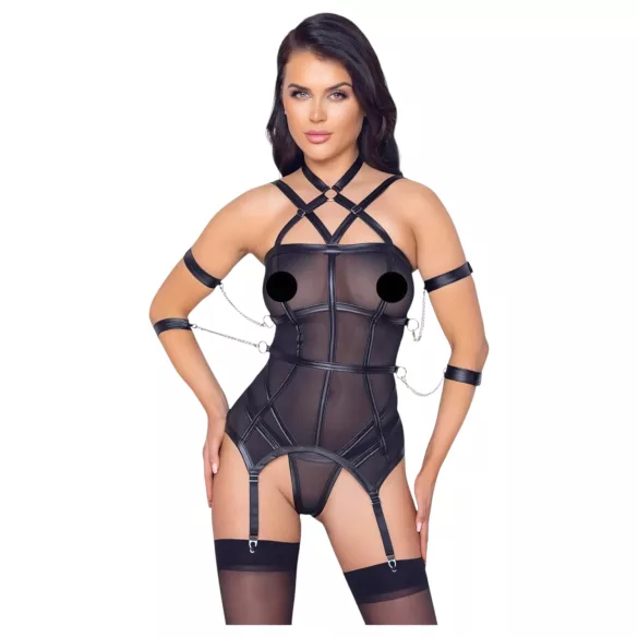 Cottelli Bondage - siksnas tops, roku saites un stringi (melni) - L