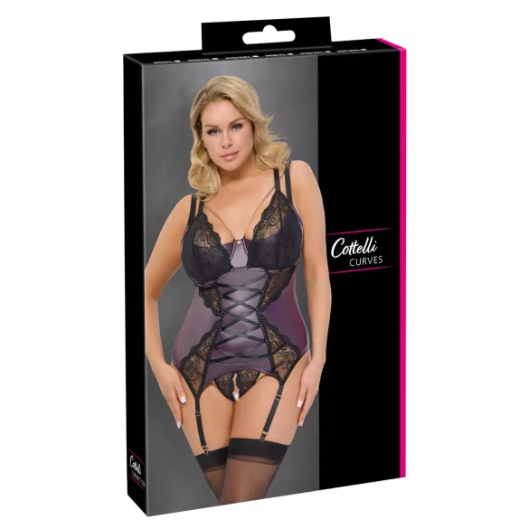 Cottelli Curves - mežģīņu korsetes veļas komplekts (purpurs) - 90D/XL