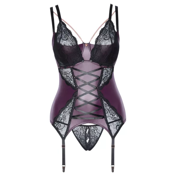 Cottelli Curves - mežģīņu korsetes veļas komplekts (purpurs) - 90D/XL