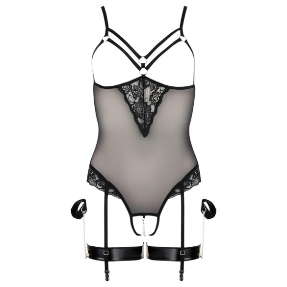 Cottelli Bondage - metāla gredzenu bodijs un roku aproces (melns) - M