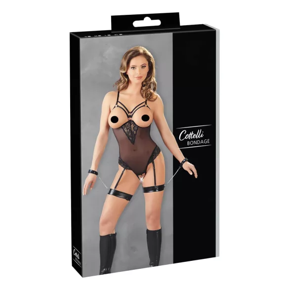 Cottelli Bondage - sieviešu bodijs ar metāla gredzeniem un roku dzelžiem melns - XL