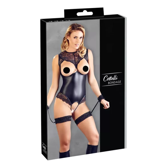 Cottelli Bondage - sieviešu atvērts spīdīgs bodijs ar roku dzelžiem melns - M