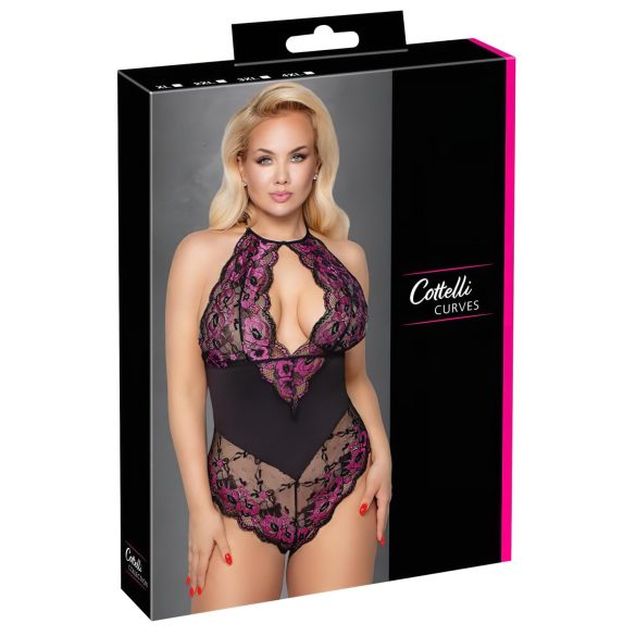 Cottelli Plus Size - ziedu bodijs (melna-violeta) - 3XL