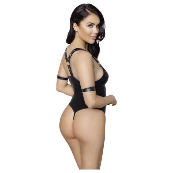 Cottelli Bondage - sieviešu atvērts bodijs ar gredzeniem spīdīgs melns - XL